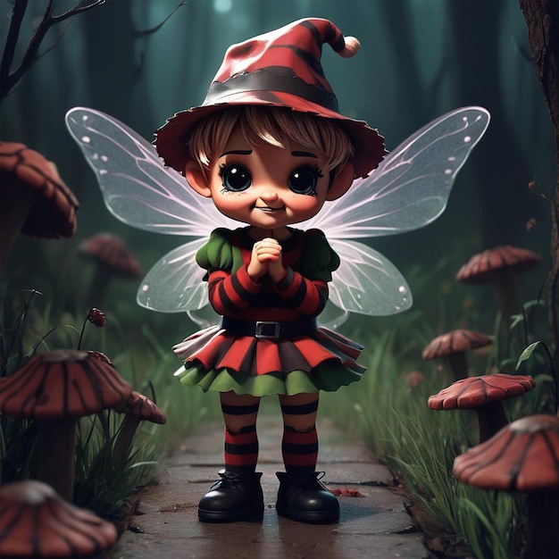 Un pequeño elfo con un disfraz de hada y una hada en un bosque