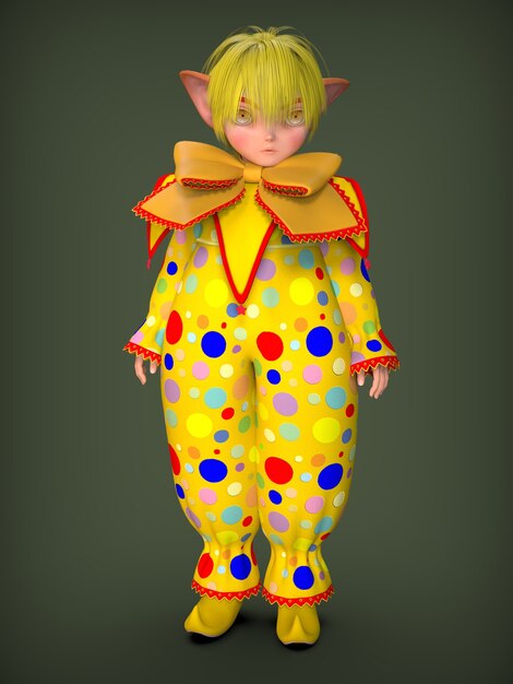 Un pequeño elfo payaso con un traje amarillo. Ilustración 3d