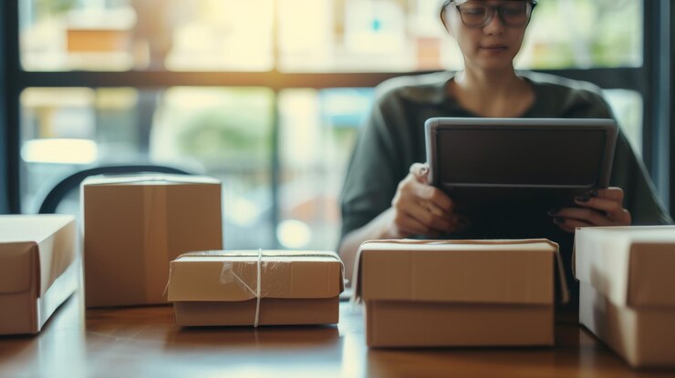 Pequeño empresario aspirante a empresario Pequeño y mediano empresario independiente que trabaja en la oficina de su casa usando tableta marketing en línea entrega de cajas de embalaje comercio electrónico PYME concepto de telemarketing