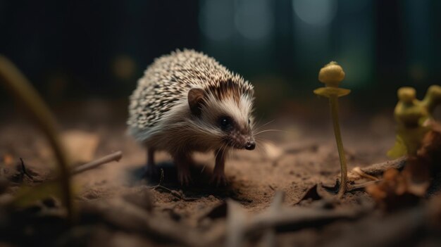 Foto el pequeño erizo atento descubre el bosque entre el musgo y los helechos las hojas de otoño a su alrededor