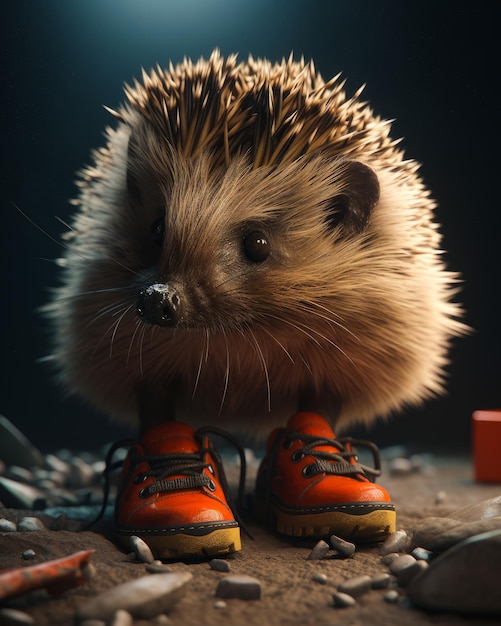 Pequeño erizo lindo y divertido con botas naranjas con cordones Piedras en la arena alrededor del animal Fondo negro IA generativa