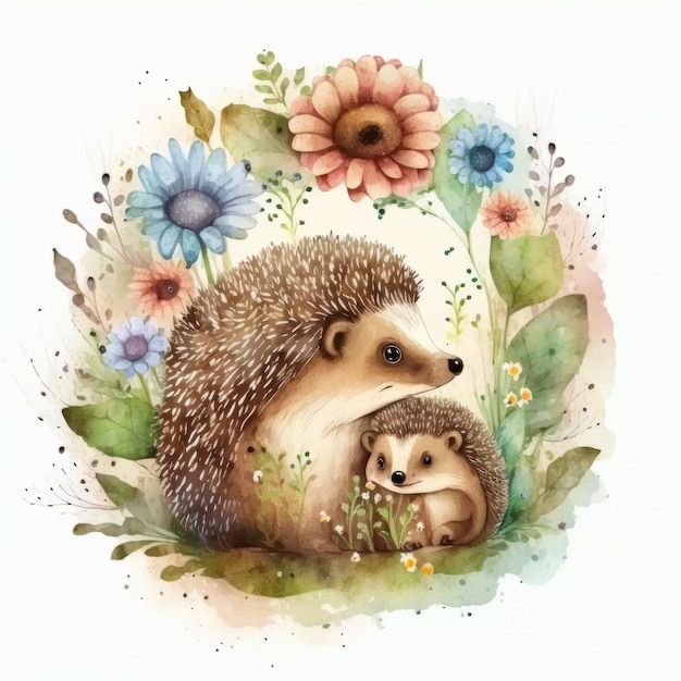 Pequeño erizo lindo con mamá Pintura de acuarela Ilustración AI GenerativexA