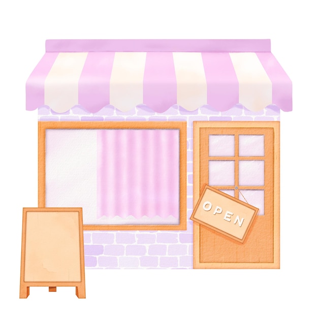 Un pequeño escaparate tiene un toldo rosa y blanco y un letrero abierto típico de una boutique encantadora