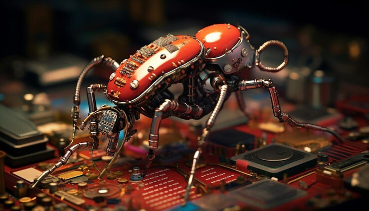 Foto un pequeño escarabajo robótico que suelda un chip de computadora