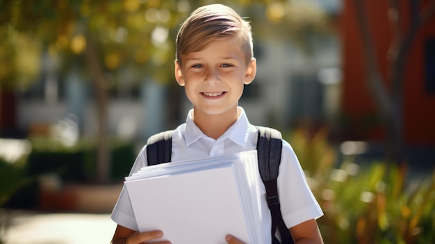 Pequeño escolar se encuentra fuera de la escuela con una mochila en la espalda De vuelta a la escuela creado con tecnología de IA generativa