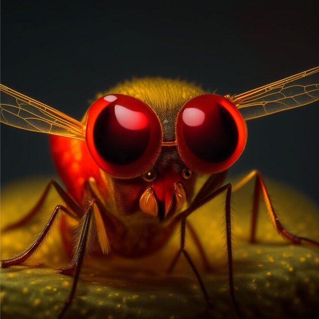 Pequeño escorpión mosca amarilla de cerca enfocado a medianoche
