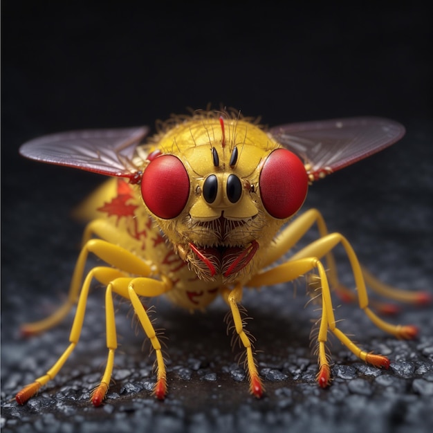 Foto pequeño escorpión mosca amarilla en primer plano a medianoche