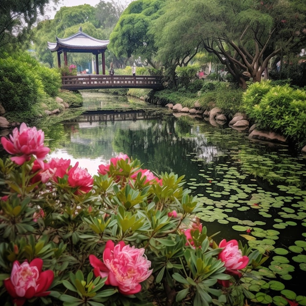 Foto un pequeño estanque con un puente y flores en primer plano.