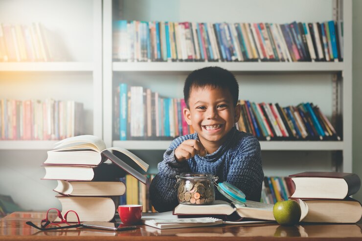 el pequeño estudiante extranjero encantador sonríe sosteniendo el dinero acuña el aprendizaje con la diversión.