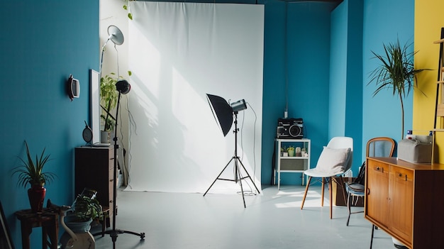 Foto pequeño estudio azul con pared blanca para jóvenes creativos generativo ai