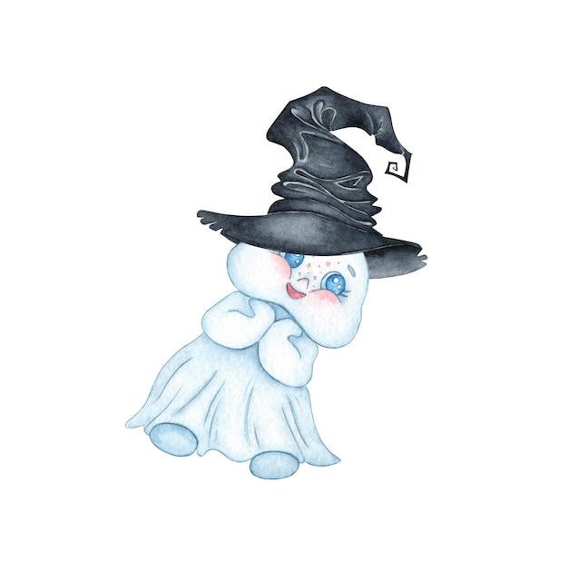 Pequeno fantasma bonito em um chapéu de bruxa ilustração de aquarela espírito de Halloween isolado do fundo projeto conceitual para cartão de cartaz bandeira roupas papel de parede papel de embrulho