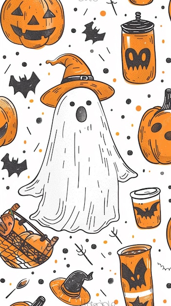 Pequeño fantasma Café helado Vestido de Halloween Temporada espeluznante Fantasma lindo con café Fantasma de Halloween