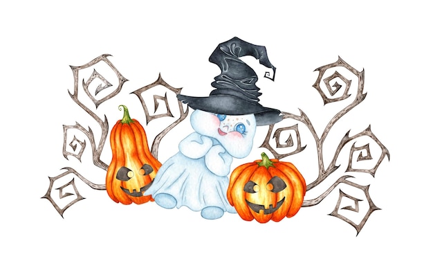 Pequeno fantasma em um chapéu de bruxa com abóboras e galhos com chapéus ilustração de aquarela Halloween
