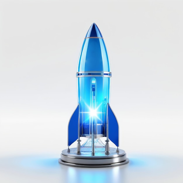 Foto pequeno foguete azul em suporte de metal
