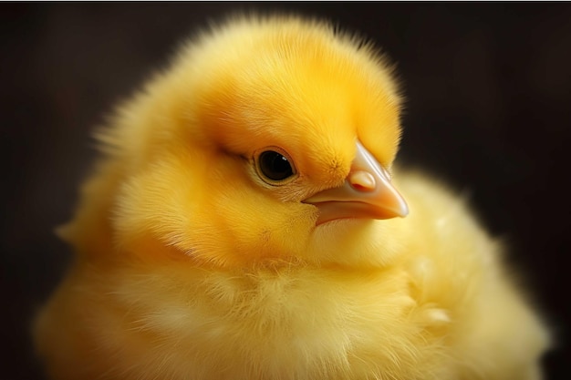 Pequeno frango amarelo bonito em um fundo preto conceito de Páscoa