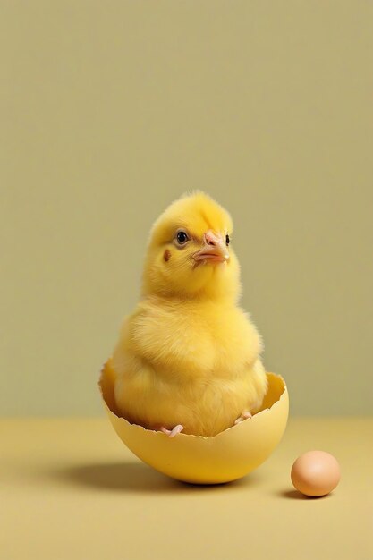 Pequeno frango amarelo em uma concha em um fundo amarelo Cartão postal com conceito de páscoa de cópia de espaço