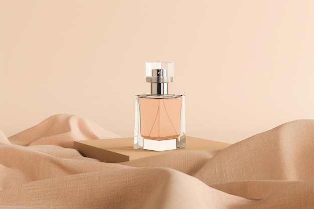 Pequeño frasco en tela marrón podio rocas de piedra en fondo beige Concepto de perfume Mockup para