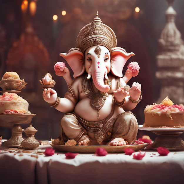 pequeno Ganesh ji com um prato de bolo de ouro sobre ele Ganesh ji celebrar aniversário Ganesh Ji com bolo