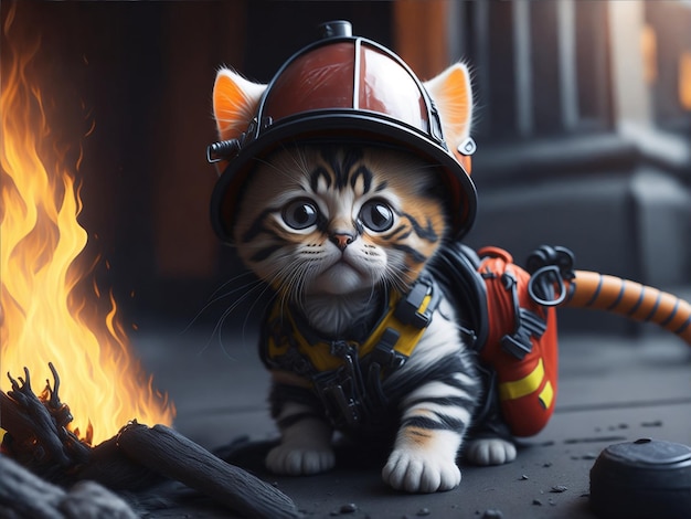 pequeno gatinho bombeiro bonito no fundo do fogo AI gerado