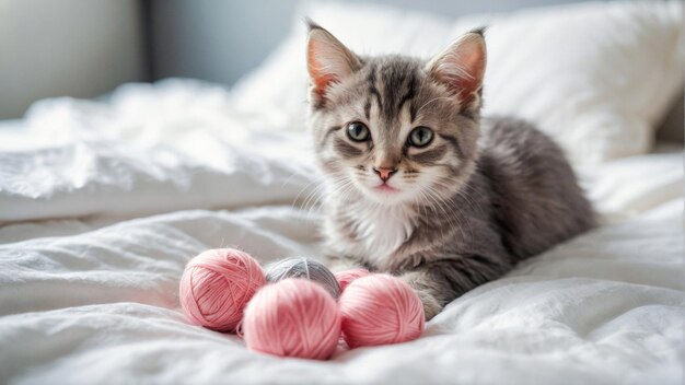 Pequeno gatinho curioso brincando com bolas cor-de-rosa e cinzentas linhas de fio em uma cama branca dia ensolarado