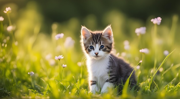 Pequeno gatinho fofo na grama com pequenas flores