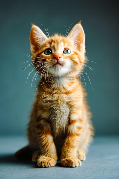 Pequeno gatinho laranja com grandes olhos azuis senta-se na bancada