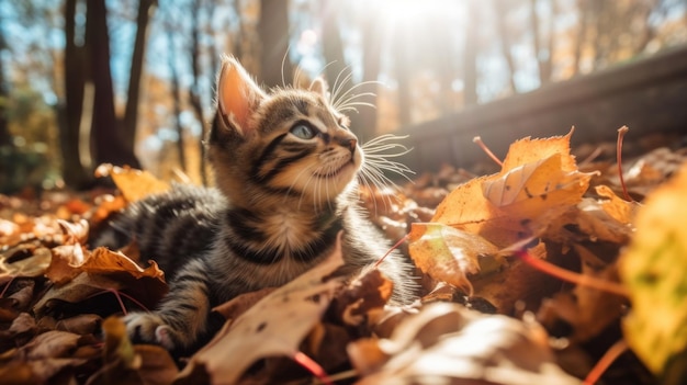 Un pequeño gatito acostado en una pila de hojas imagen generativa de ai