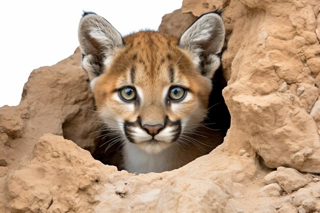 Foto un pequeño gatito está asomando por un agujero