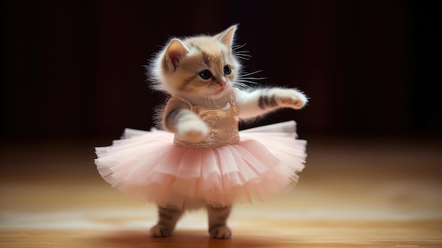 Pequeño gatito en un bailarín de disfraces lindo gato bailando ballet creado con Generative Ai