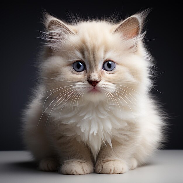 Un pequeño gatito beige blanco sentado gris claro y marrón.