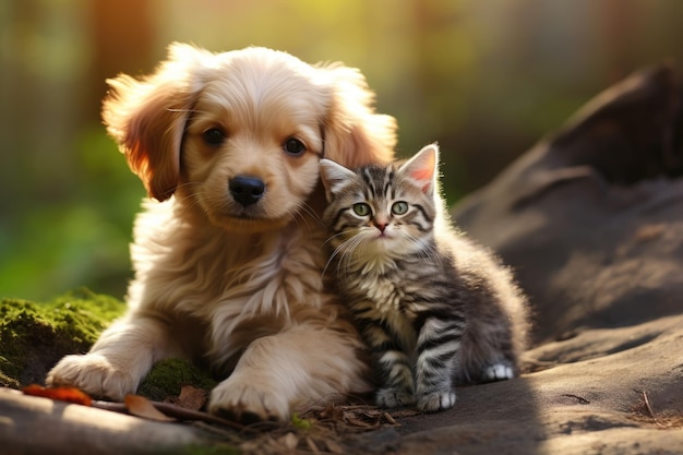 Pequeño gatito y cachorro ai generativo.