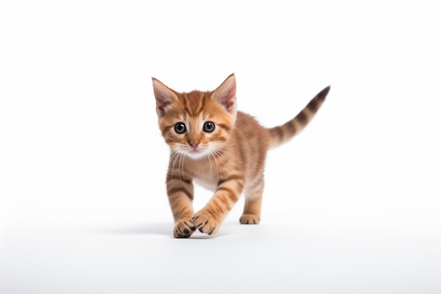 un pequeño gatito caminando por una superficie blanca