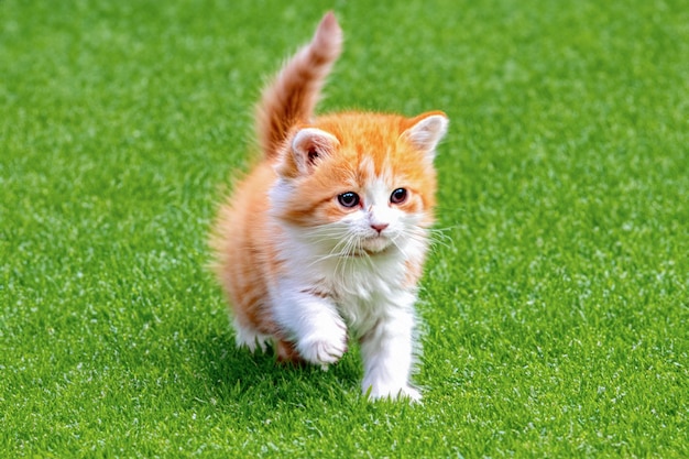 Un pequeño gatito en un césped verde