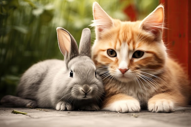 Pequeño gatito y un conejo sobre plantas verdes relación animal de fondo