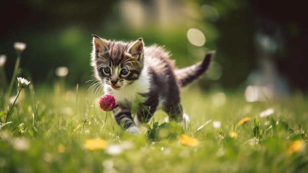 Un pequeño gatito corre a través de la imagen de ai generativa de hierba.