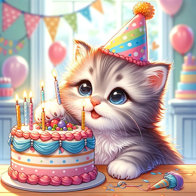 Foto un pequeño gatito de cumpleaños lleno de felicidad y juguetón celebrando con un pastel de aniversario