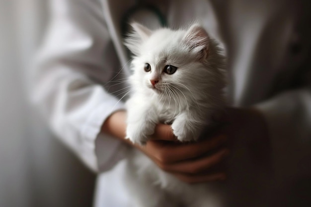 Pequeño gatito esponjoso en manos de un médico veterinario en un gato blanco médico con un estetoscopio