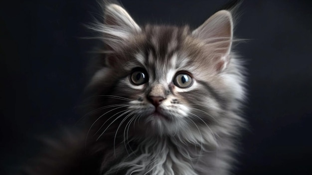 Pequeño gatito esponjoso sobre un fondo gris mirando hacia arriba Retrato de estudio de un gatito gris IA generativa