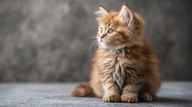 un pequeño gatito esponjoso sobre un fondo gris