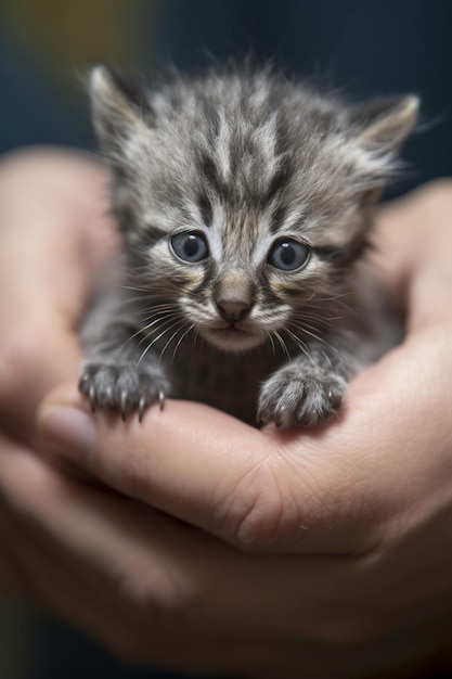 Un pequeño gatito gris se sostiene en las manos de una persona.