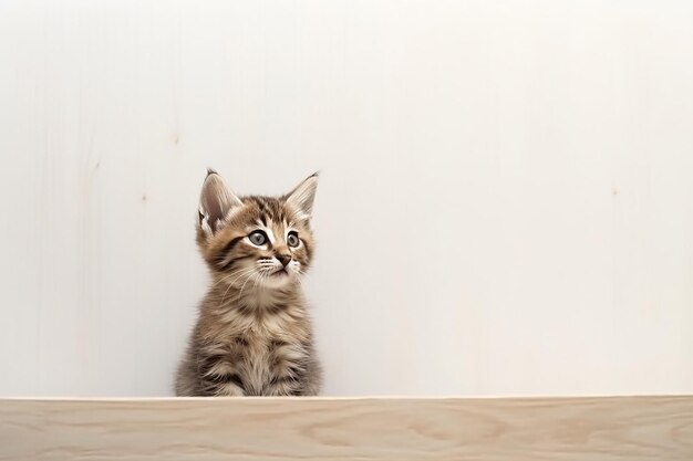 Un pequeño gatito lindo y adorable con fondo blanco neutro