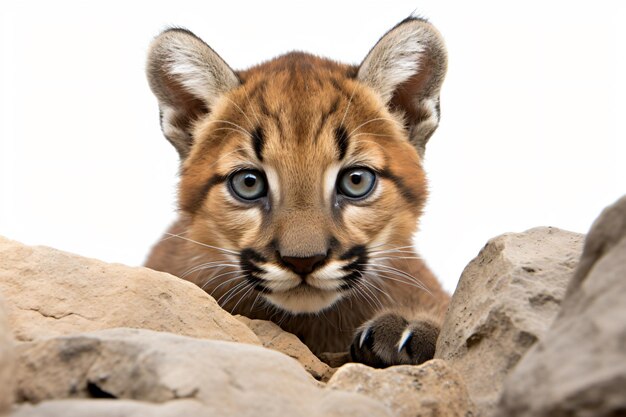 Foto un pequeño gatito está mirando sobre una roca