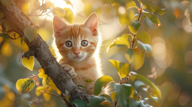 Un pequeño gatito naranja sentado en una rama de un árbol mirando hacia arriba