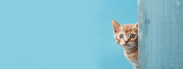 Un pequeño gatito rojo se asoma desde detrás de un fondo azul Banner generado por IA