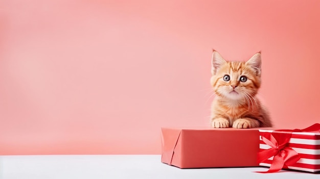 un pequeño gatito rojo con cajas de regalos en un fondo rosa