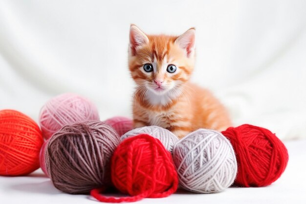 El pequeño gatito rojo generativo de IA se juega con un ovillo