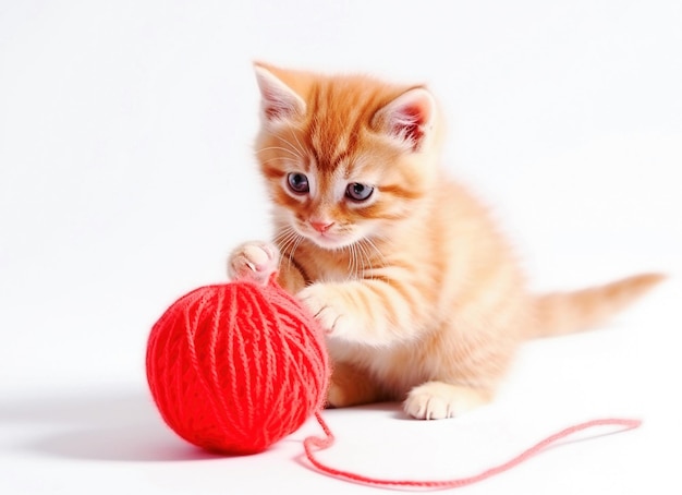 El pequeño gatito rojo generativo de IA se juega con un ovillo