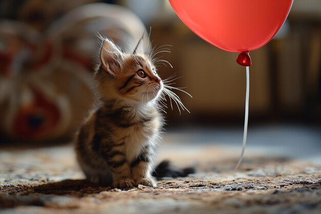 Pequeño gatito en la sala de estar con un globo rojo concepto de regalo