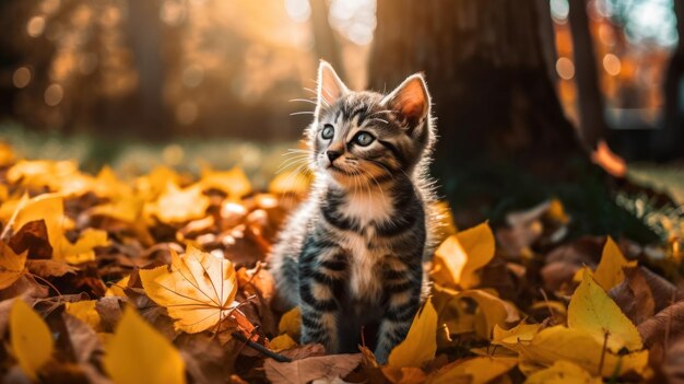 Un pequeño gatito sentado encima de una pila de hojas Imagen generativa de IA