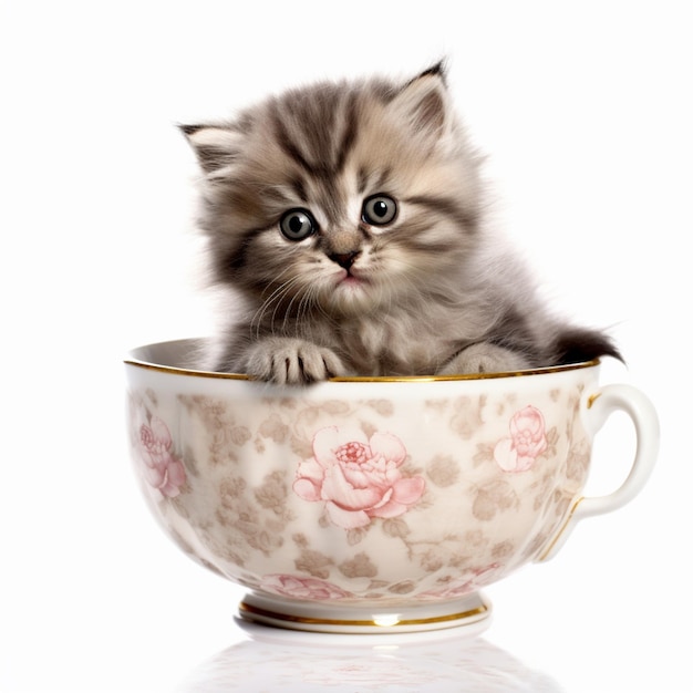 Un pequeño gatito se sienta en una taza con un patrón floral.